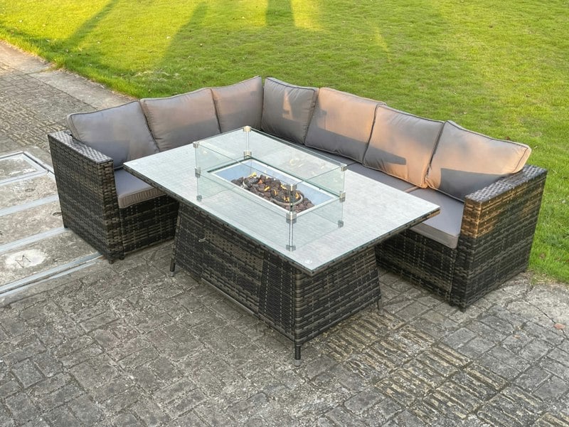 Fimous 6 Seater Outdoor Rattan Garden Corner Sofa Furniture Gas Fire Pit Table Sets Gas Heater Lounge Dark Grey