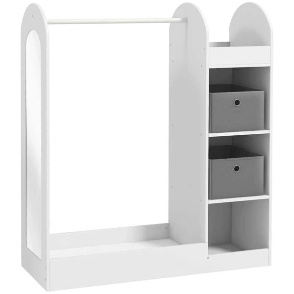 White kids clothing rail storage cabinet with open shelves and two fabric storage boxes