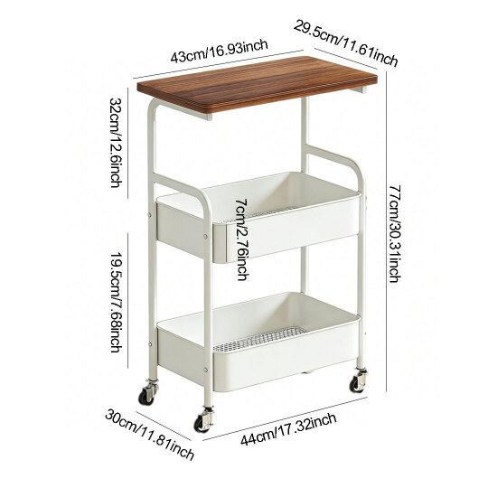 Havendro Three-Tier Mobile Storage Cart | Wooden Desktop with Sturdy Metal Frame