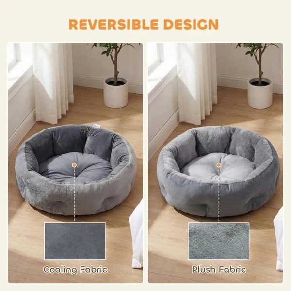 Cat Bed, Reversible Dog Pet Bed for Indoor Cats and Small Dogs, Round Bed with Supportive Bolster, Dark Grey