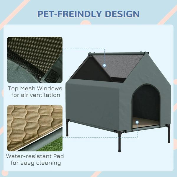 Grey elevated dog house with arched door and top mesh windows; water-resistant pad shown.