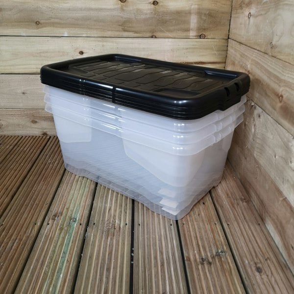 Samuel Alexander 4 x 42L Clear Storage Box with Black Lid, Stackable and Nestable Design Storage Solution