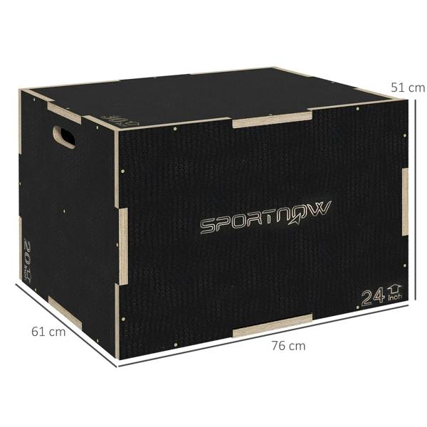Black wooden multi-height jump box with side carry handle and height markings (51/61/76 cm)