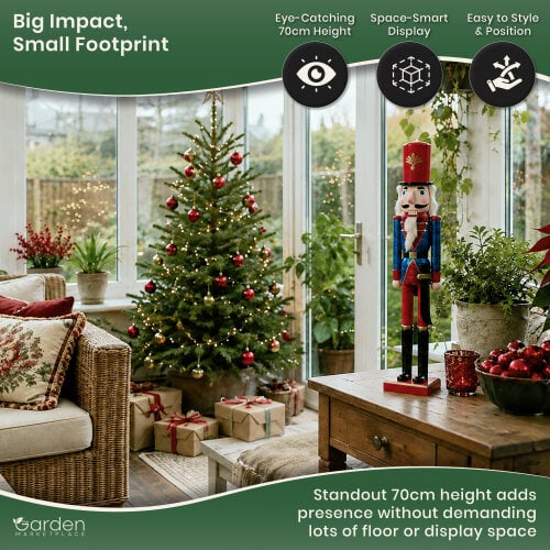 Large Christmas Nutcracker Figure, 70cm Tall Traditional Design in Blue Coat and Red Hat, Indoor Festive Decoration Focal Point