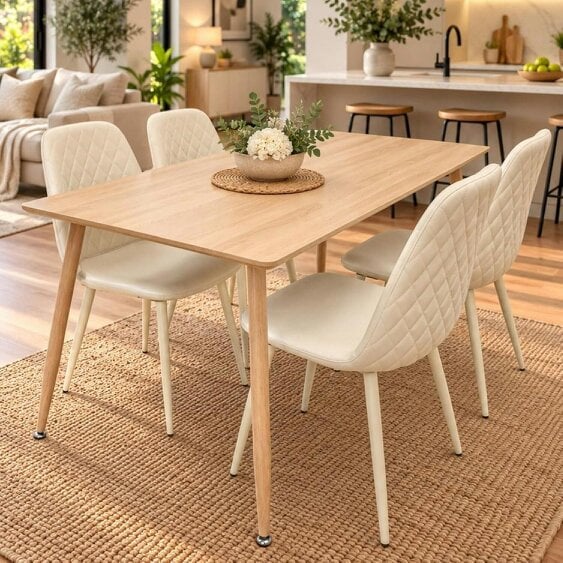 Kosy Koala Modern Wood Effect Dining Table Set With 4 Cream Gem Pattern Chairs Dining Room Furniture