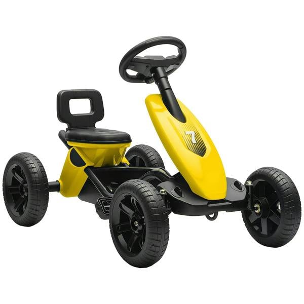 Kids pedal go-kart with yellow metal frame, 4 black EVA wheels, steering wheel, seat