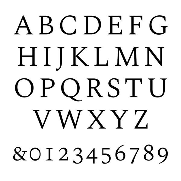 A typography reference sheet showing a classic, elegant serif font in uppercase lettering, numbers, and an ampersand.