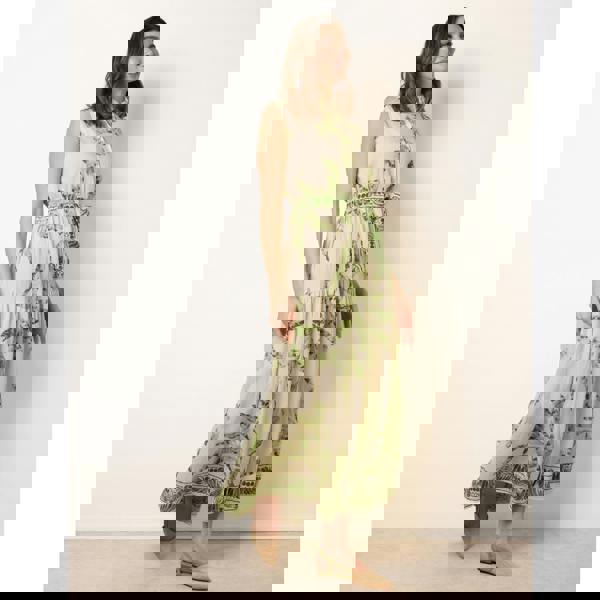 Blue Vanilla Leaf Print Collarless Shirt Dress With Belted Waist