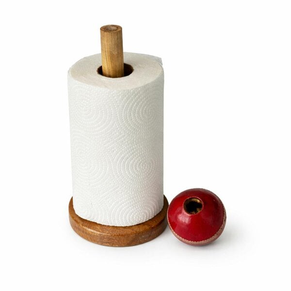 CRICKET-GIFTS Wooden Kitchen Roll Holder with Real Red Cricket Ball