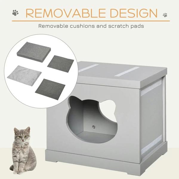 Cat cave cube bed with grey removable top cushions and cat-shaped entry opening
