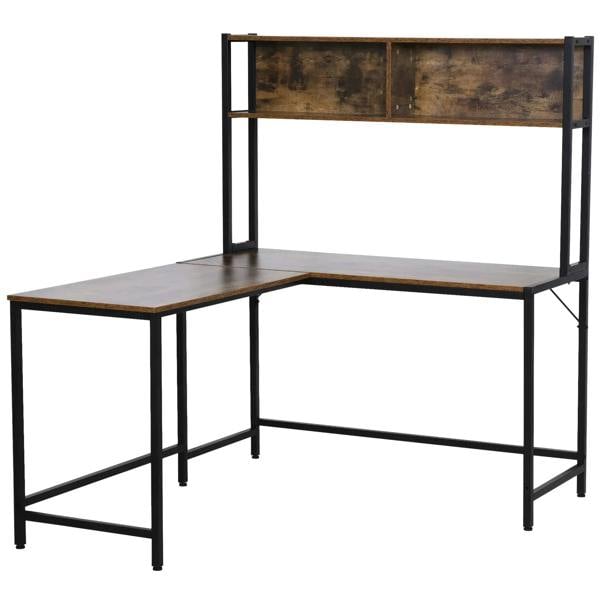L-shaped corner desk with brown wood-look top and steel frame, with open bookshelf