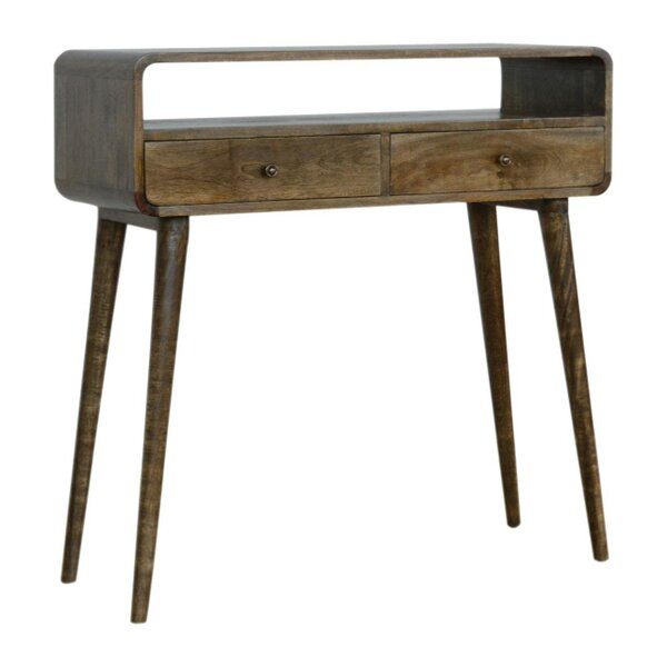Wyld Haus Trapani Curved Grey Washed Mango Wood Console Table 2 Drawers Open Shelf