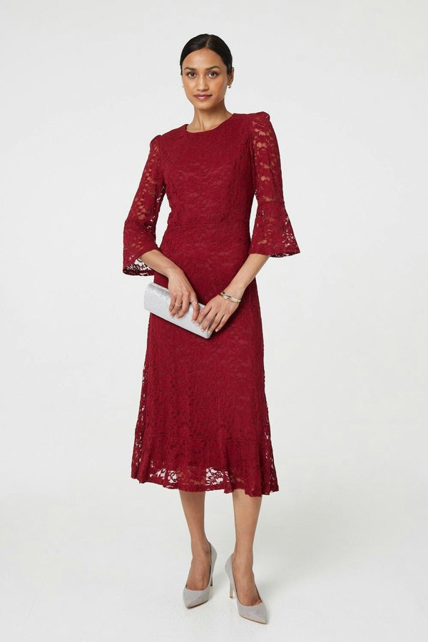 Red | Lace Semi Sheer 3/4 Flute Sleeve Midi Dress
