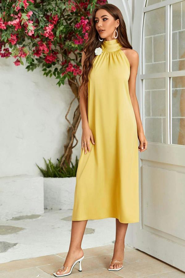 FS Collection Satin Halter Neck Tie Back Midi Dress In Yellow