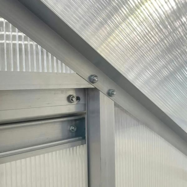 Lean-to polycarbonate greenhouse roof structure with aluminum beams and fasteners.