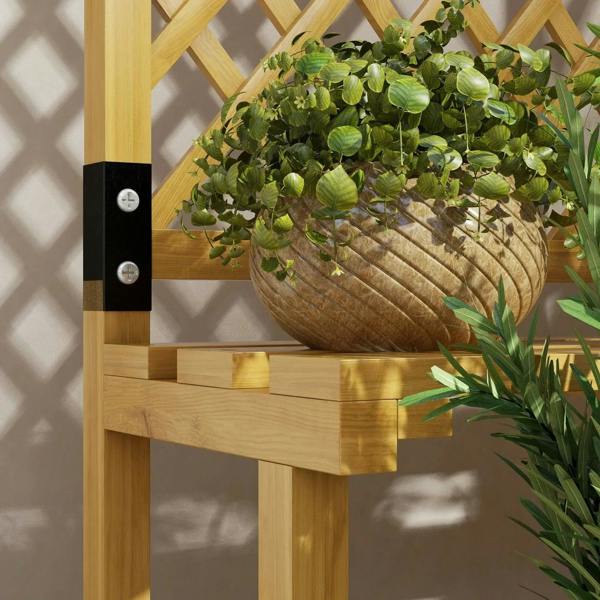 Close-up of natural wood trellis plant shelf and hanging basket top supports