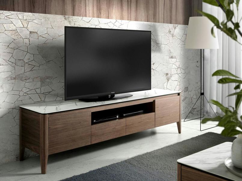 Angel Cerdá Walnut TV Stand With Glass Top Imitation Marble 3083