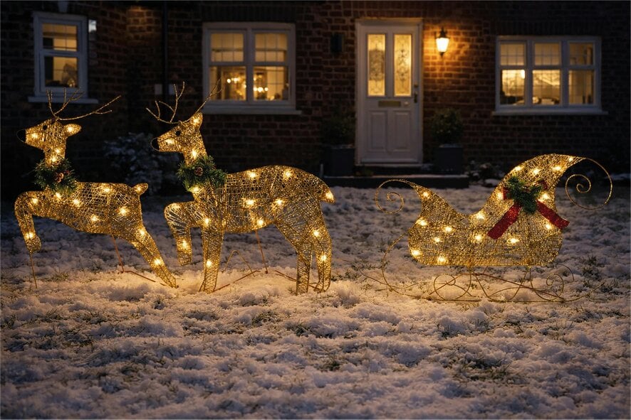 Scotts of Stow Xmas Haus LED Glitter effect  Deer and Sleigh Outdoor Decoration with Timer