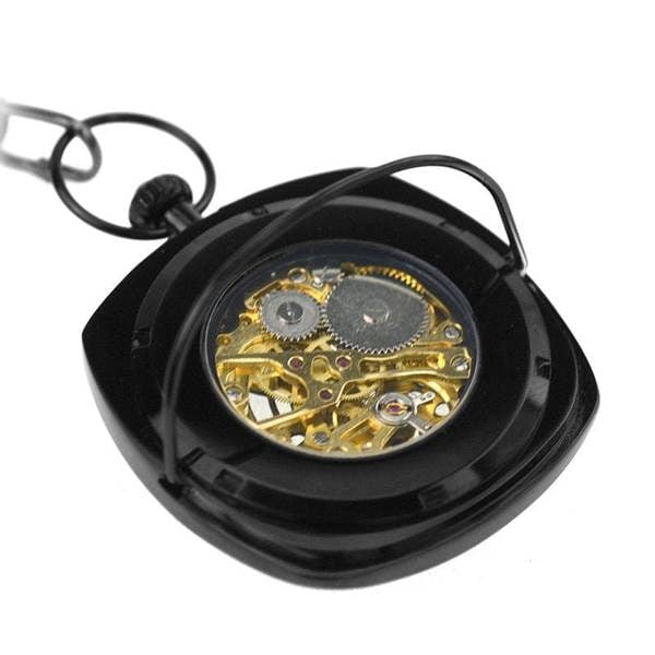 Infinity Leather Mechanical Vintage Skeleton Square Open-Face Pocket Watch
