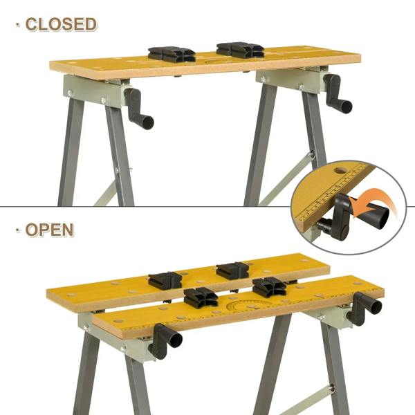 Folding work bench clamp table with yellow top and black clamping pegs in closed and open views