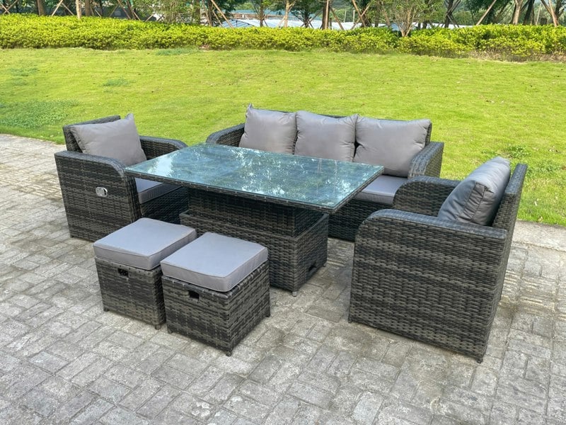 Fimous Dark Mixed Grey Rattan Outdoor Garden Furniture Lifting Adjustable Dining Or Coffee Table Sets Lounge Sofa Recling Chairs Footstools 7 Seater