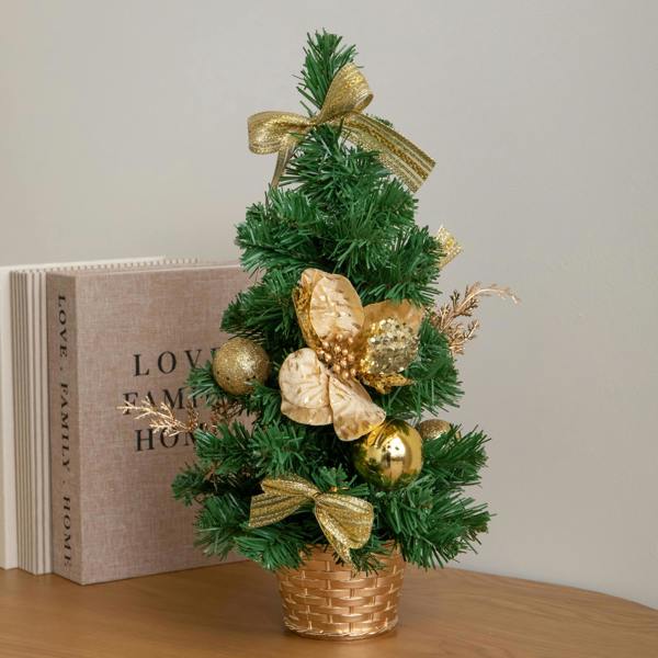 Samuel Alexander 40cm Golden Fir Mini Christmas Tree with Gold Baubles, Ribbons & Poinsettias