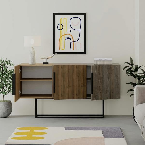 Decortie Tontini Modern Console Sideboard Display Unit with 3 Cabinets and Shelves Oak Dark Oak Effect Dark Coffee 150cm