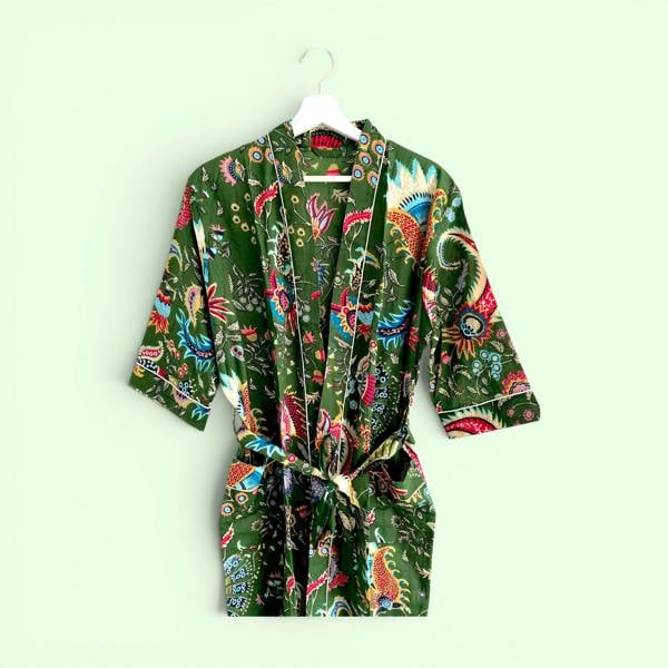 Hayley & Co Green Floral Block Print 100% Cotton Dressing Gown