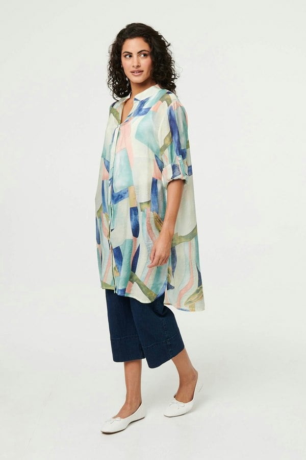 Green | Abstract 3/4 Sleeve Short Shirt Dress
