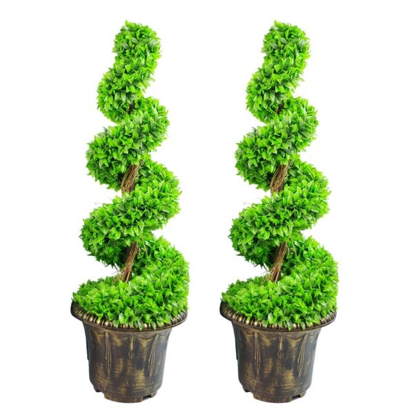 Leaf 90cm Pair of Green Large Leaf Spiral  Topiary Trees with Decorative Planters