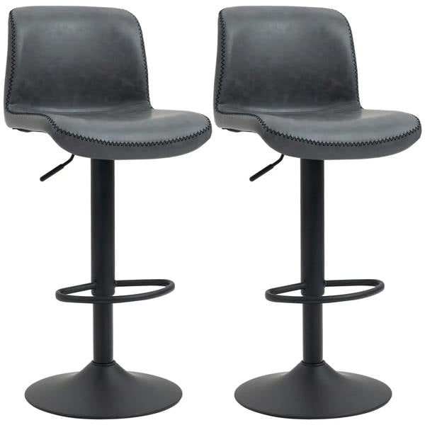 Set of 2 dark grey bar stools with backrest, round footrest, and black pedestal base
