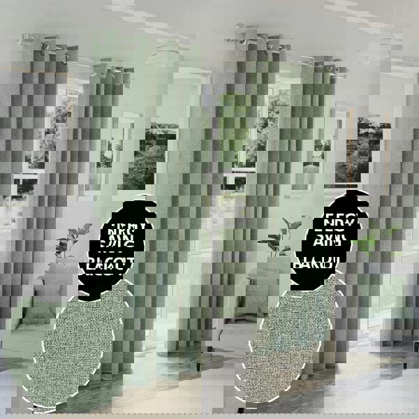 Enhanced Living Green Textured Basketweave 100% Blackout Pencil Pleat Thermal Energy Saving Curtains - Ideal for Living Rooms & Bedrooms