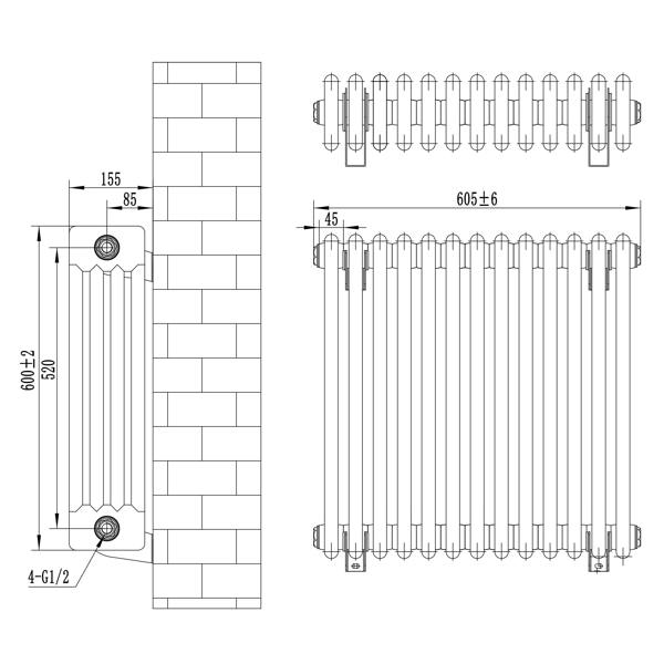 Traditional anthracite grey 4 column radiator with detailed dimensions, showcasing its sleek design and sturdy construction