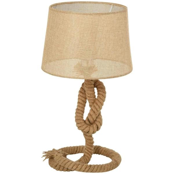 Beige fabric table lamp shade with twisted rope base and circular platform stand
