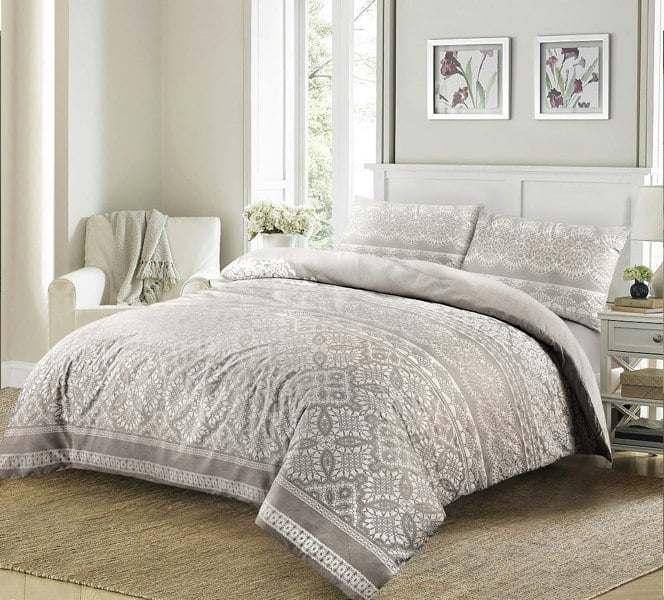 HomeSpace Direct Aaliyah Lace Effect Duvet Cover Set Silver Bedding