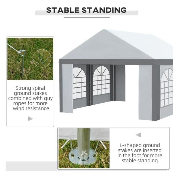 Light grey gazebo with arched window doors and stable base, wind-resistance shown