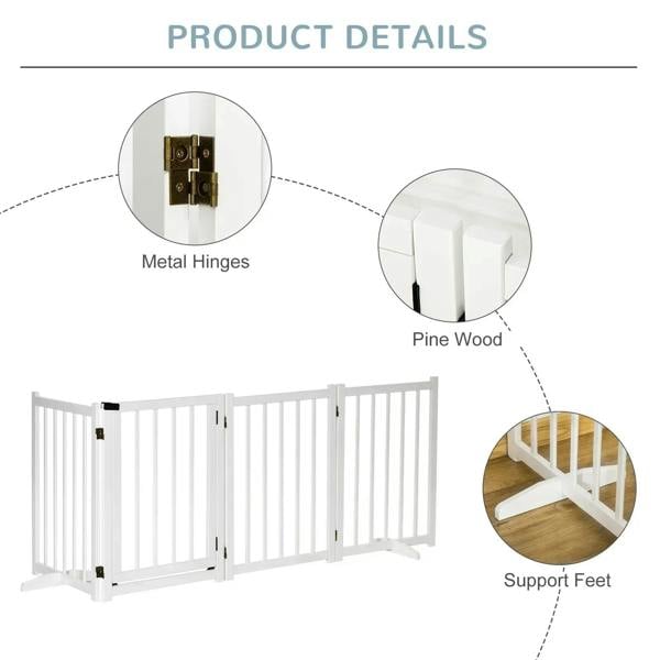 White wooden pet gate with metal hinges and support feet, vertical bar panels