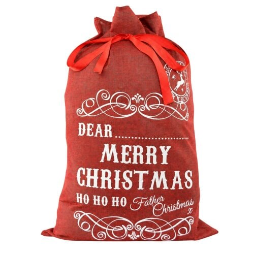 Shatchi 31cm Red Christmas Gift Sack with Ribbon Tie for Personalised Festive Present Wrapping