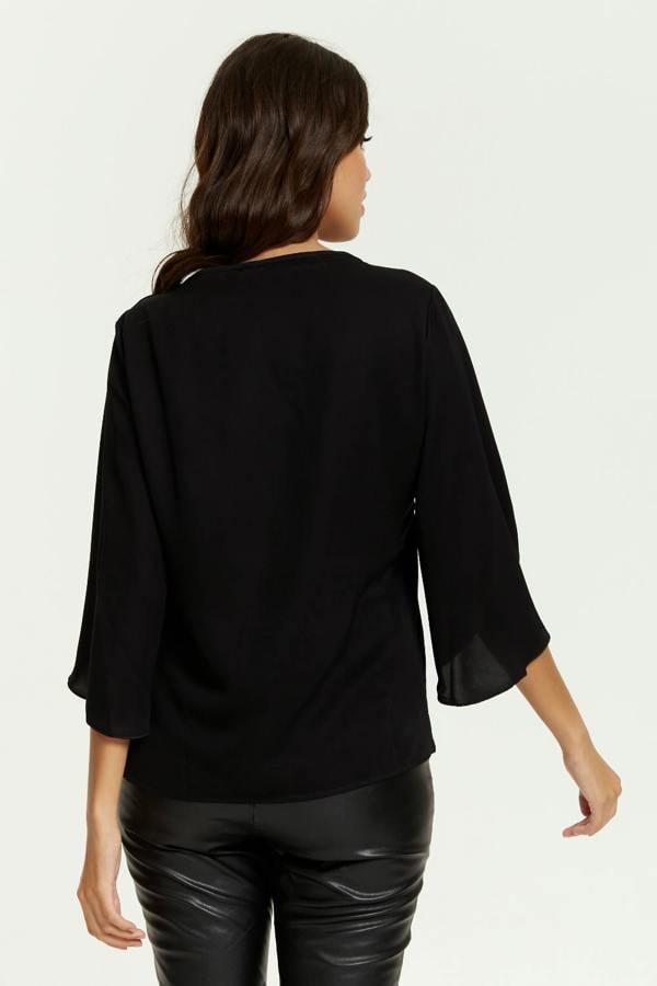 Hoxton Gal Oversized V Neck Top with Split Sleeves in Black
