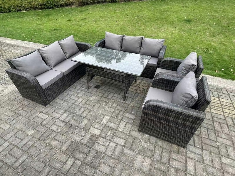 Fimous 8 Seater Dark Grey PE Wicker Rattan Garden Furniture Set Reclining Chair Lounge 3 Seater Sofa Set Outdoor Rectangular Dining Table