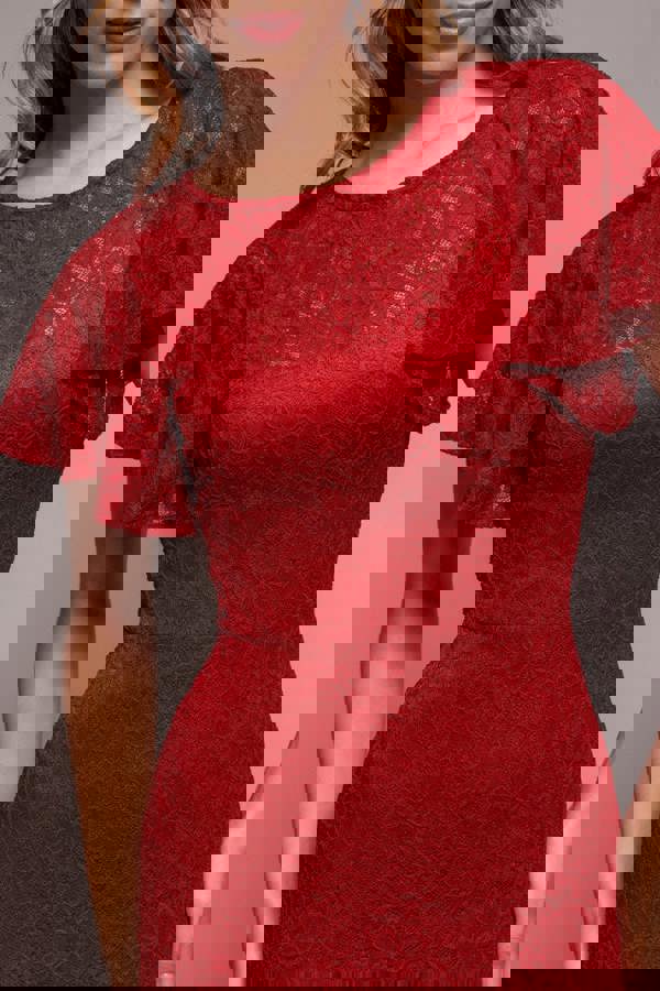 Flutter Sleeve Lace A-Line Maxi Dress - Red DR4361