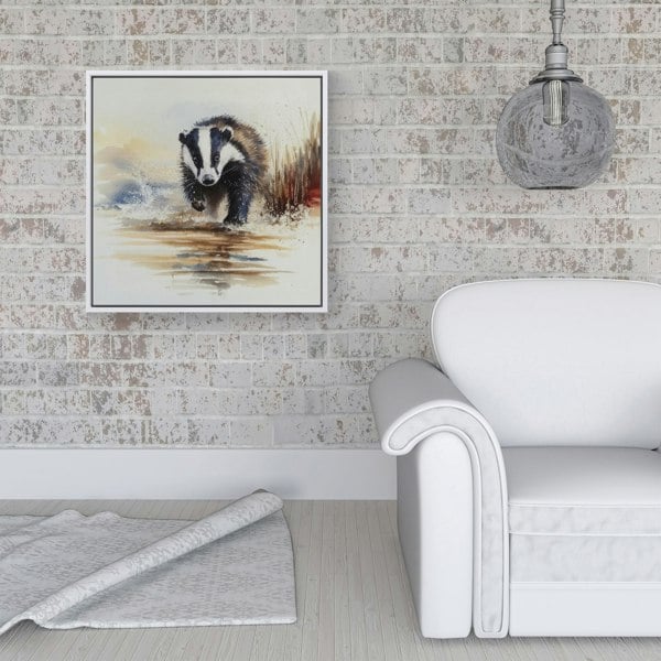 Warren Reed Wading Badger Watercolour Framed Canvas