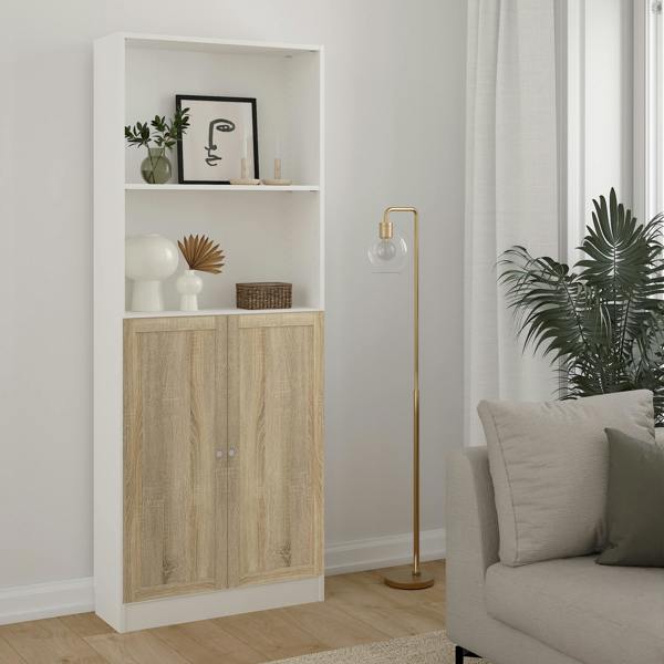 Furniture To Go Basic Tall Wide Combination Storage in White (4 Shelves) with 2 Oak Doors