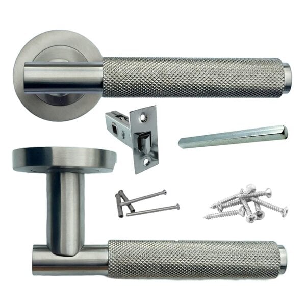 EDH Door Hardware Satin Nickel Knurled Door Handles on Round Rose – Modern Internal Lever Handle Sets