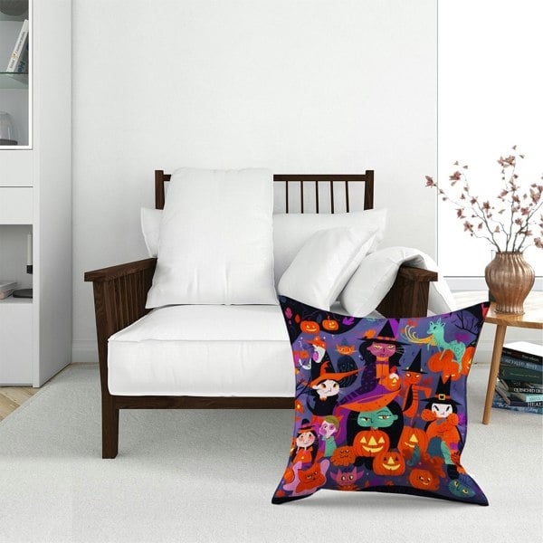 Warren Reed A Vibrant Illustration Of Witches And Pumpkin Floor Cushion