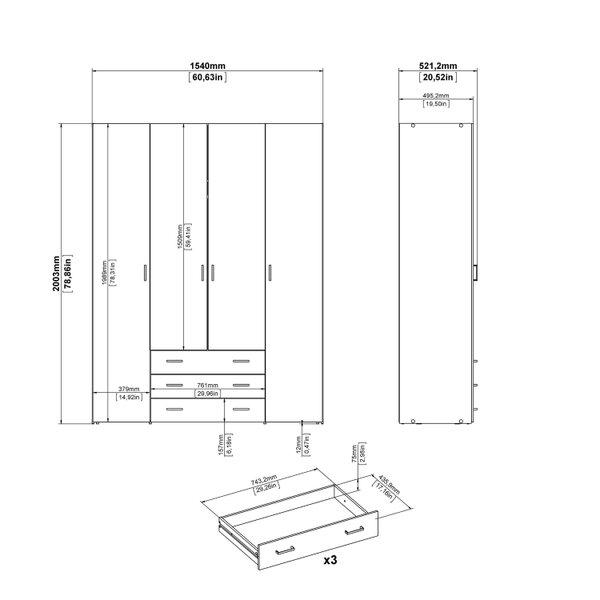 Wyld Haus Berlin Oak Effect Wardrobe 4 Doors 3 Drawers 4 Shelves