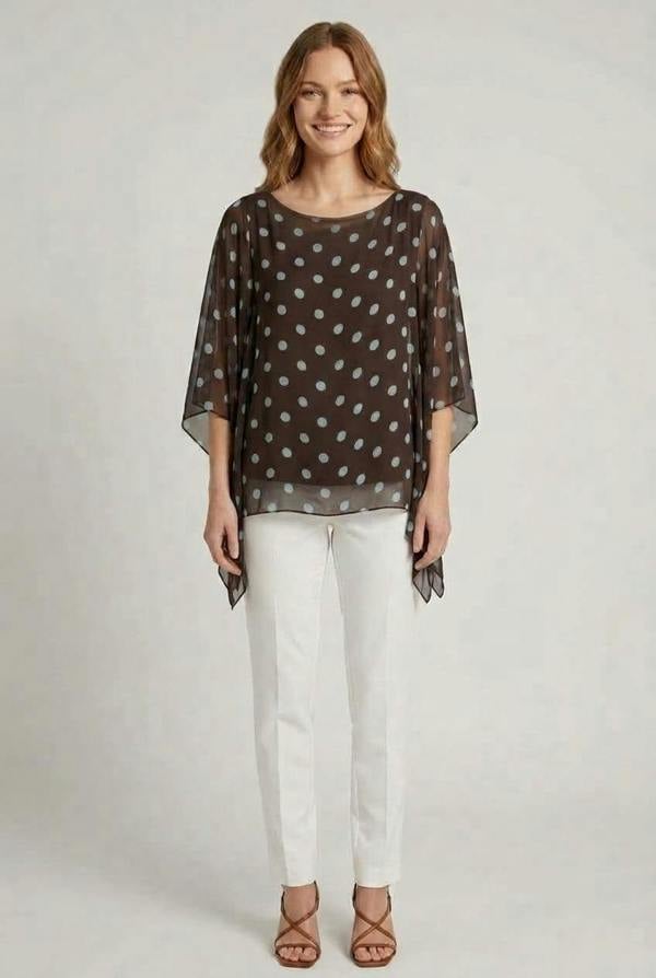 Brown | Polka Dot Print 3/4 Sleeve Tunic Blouse