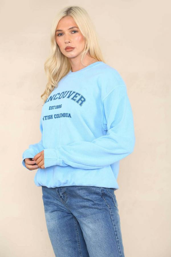 Elaina Fashion Women's Baby Blue Vancouver Print Oversized Crewneck Sweatshirt Long Sleeve Winter Casual Loose Pullover Soft Sweat Jumper Streetwear - Elaina Fashion