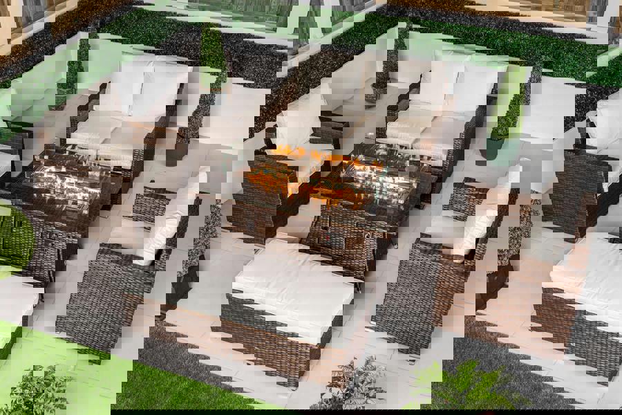 Giardino Sydney Loveseat Sofa Rattan Garden Furniture Outdoor Lounge Set with Arm Chairs, Fire Pit Coffee Table & Bench