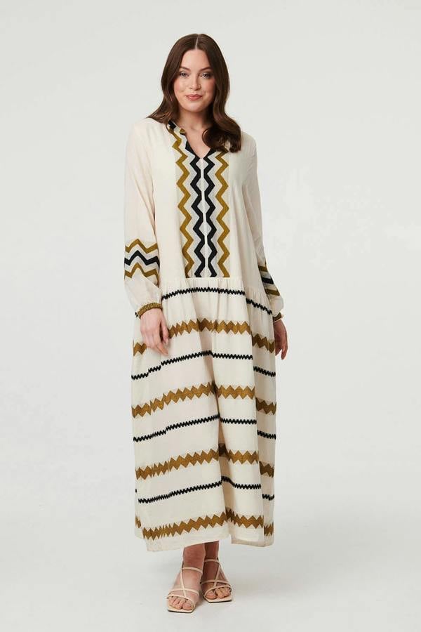 Brown | Zigzag Print Long Sleeve Maxi Dress